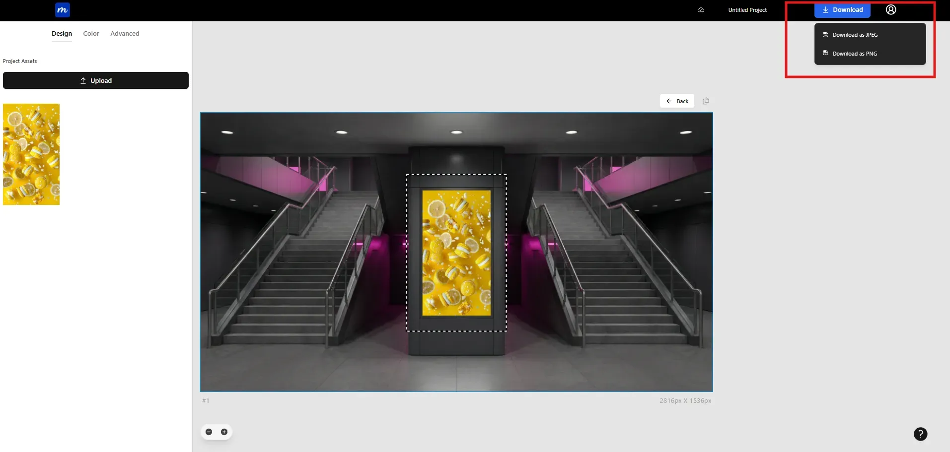 Mockup editor with subway billboard design and download menu showing JPG and PNG options.